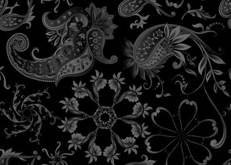 Seamless pattern, background with traditional paisley. Floral vector illustration in damask style. Vector illustration in black color..