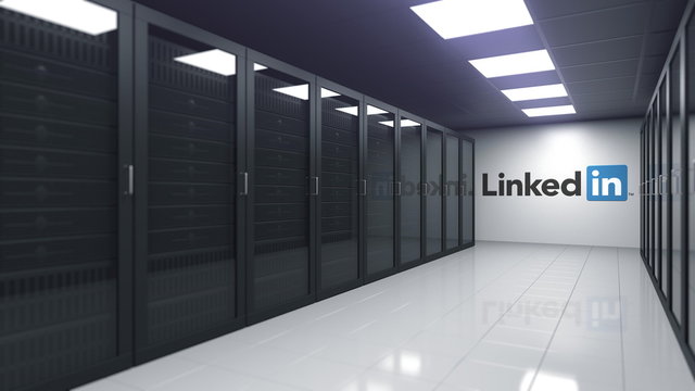 LINKEDIN logo in the server room, editorial 3D rendering