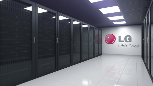 Logo of LG on the wall of a server room, editorial 3D rendering