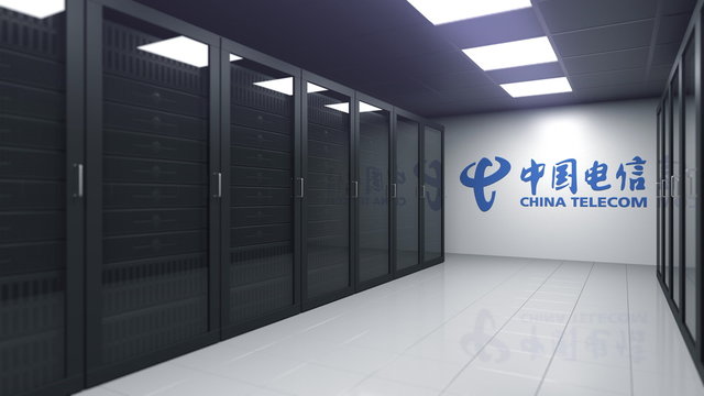 CHINA TELECOM logo in the server room, editorial 3D rendering