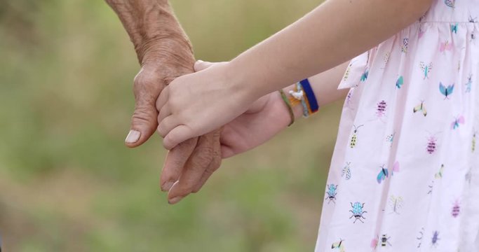 HELPING HAND. Detail of a Child's Hands Holding the Senior Woman Hands
