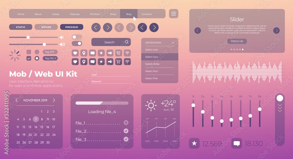 Fototapete flat mobile web ui kit. universal user interface for designing responsive websites, mobile apps. gra