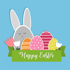 Happy Easter. Greeting card template. Vector flat illustration of colorful eggs, bunny, tulips and ribbon. Elements isolated on a blue background,
