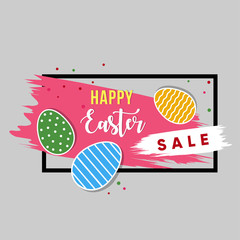 Happy Easter SALE. Stylish banner, colorful eggs and black doodle frame. Grunge strokes. Vector banner template.