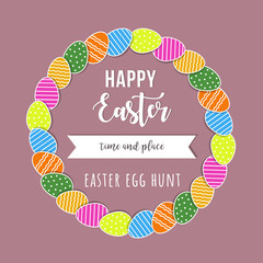 Happy Easter egg hunt. Wreath of colorful flat style easter eggs. Vector template isolated on pink background. 