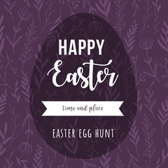 Fototapeta na wymiar Easter egg hunt. Happy Easter vector banner. Egg shape on floral background.