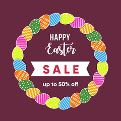 Happy Easter sale. Up to 50% off. Vector. Wreath of colorful decorative eggs isolated dark red background.