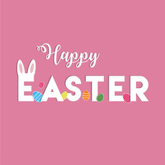 Happy Easter. Vector lettering with rabbit's ears and colorful eggs. Elements isolated on pink background,