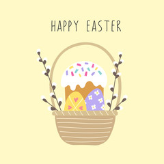 Happy Easter holiday card. Decorated basket with Easter cake, colored eggs. Vector isolated illustration on a yellow background.