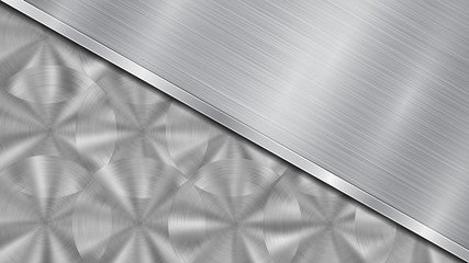 Background in silver and gray colors, consisting of a shiny metallic surface and one big polished plate located in diagonal, with a metal texture, glares and burnished edge