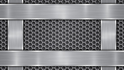 Background in silver and gray colors, consisting of a perforated metallic surface with holes and vertical and horizontal polished plates located on four sides, with a metal texture and shiny edges