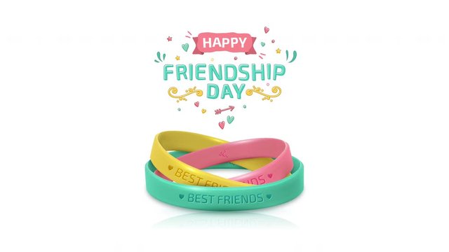 2d animation of congratulations on friendship Day. Banner with three rubber bracelets for friend band. Silicone wristbands and inscription. Background happy holiday of amity. 4k video