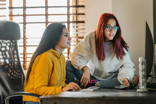 Two teenage girls using computer at home