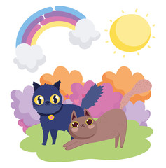 cartoon black and brown cats in grass sky pets
