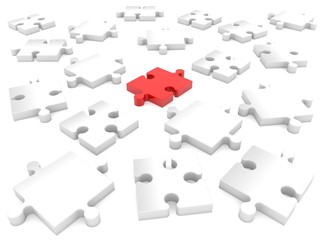 Red puzzle piece between white puzzle pieces on white background