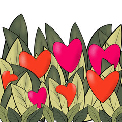 Primitive Hearts in a flower garden. Drawing card for Valentine's Day. Scarlet and pink hearts among green leaves on white background, Spring wedding invitation or engagement pattern.