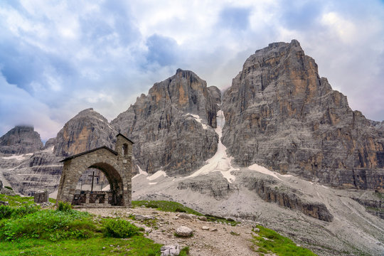 Italy, Dolomites, Trentino, Rendena Valley, Brenta mountain range and small chapel