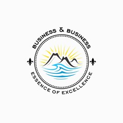  stamp emblem mountain sea logo design inspiration . mountain lake logo design template . golden luxury mountain logo design 