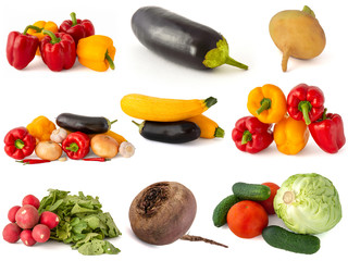 Eggplant zucchini cabbage broccoli yellow red Bell peppers chili peppers hot onions garlic and ripe turnips on a white background