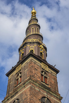 Copenhagen Our Saviour's (Vor Frelsers Kirke) - one of Denmark's most famous churches. Serpentine spire was inaugurated in 1752 - a popular pastime to climb 400 steps to top. Copenhagen. Denmark.