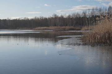 winter view of the lake, trees and sky are reflected in the water