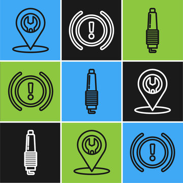 Set line Car service, Car spark plug and Brake system warning icon. Vector
