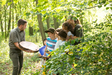 School children examining annual rings of a tree trunk