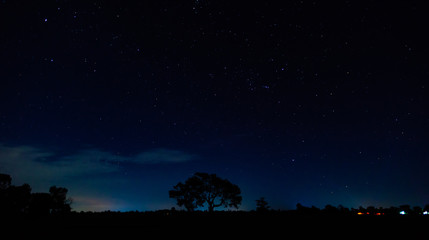 Obraz na płótnie Canvas Panorama blue night sky milky way and star on dark background.Universe filled with stars, nebula and galaxy with noise and grain.Photo by long exposure and select white balance.selection focus.amazing