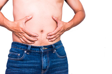 Naklejka premium Fat man with a big belly. unhealthy fatman overweight isolate on background naked shot