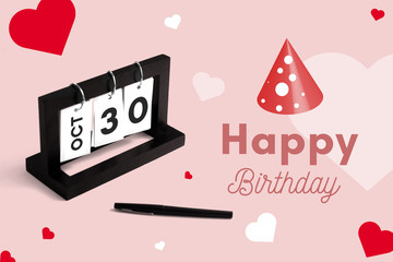 October 30th calendar for anniversary. Day 30 of month. Birthday card message for print.