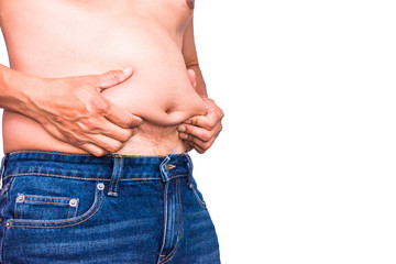 Naklejka premium Fat man with a big belly. unhealthy fatman overweight isolate on background naked shot