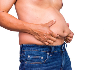 Naklejka premium Fat man with a big belly. unhealthy fatman overweight isolate on background naked shot