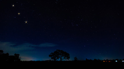 Panorama blue night sky milky way and star on dark background.Universe filled with stars, nebula and galaxy with noise and grain.Photo by long exposure and select white balance.selection focus.amazing