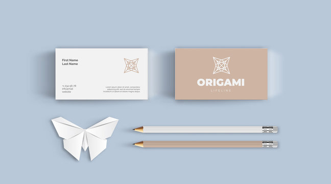 Origami logo and branding design template. Visiting cards and pencils. Light brown gentle color style.