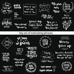 vector big set of motivating phrases. Vector lettering. Black background.