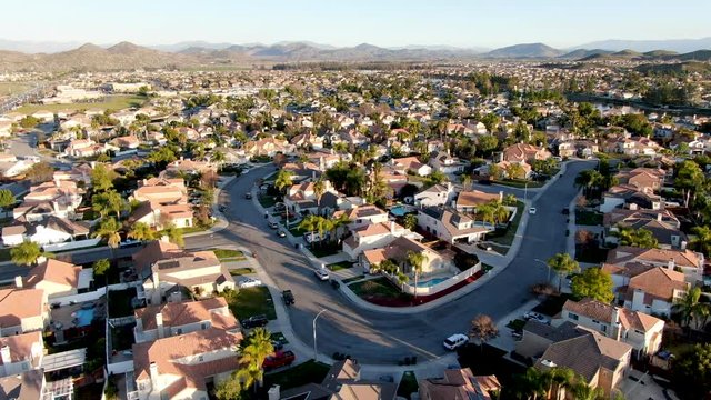 Aerial view of Menifee neighborhood, residential subdivision villa during sunset. Riverside County, California, United States