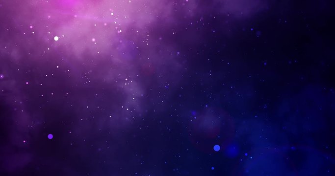 Cosmic universe with shining particles on dark blue-purple sky. Galaxy with stardust, milky way and radiance. Glowing abstract background, beautiful VFX. 4k video animation
