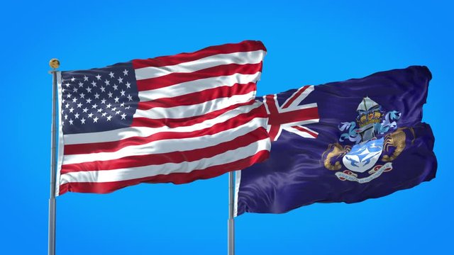 Tristan da Cunha and United States flag waving in deep blue sky together. High Definition 3D Render.