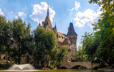 Decorative castle Vajdahunyad in the historical park Varoshliget in Budapest, Hungary. The Millennium of the Hungarian State, 1896