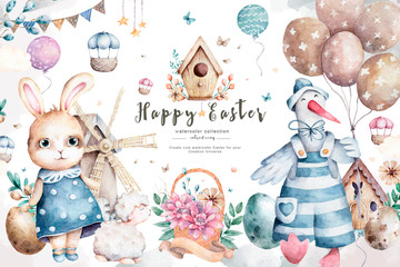 Cute bunny and goose cartoon wearing a hat with balloon and easter egg with gift box. Hand draw cute watercolor illustration for design