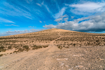 Sunset in desert Fuerteventura , Spain.