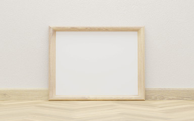 wooden picture frame to add your content on a white wall background 3d illustration render with wooden floor