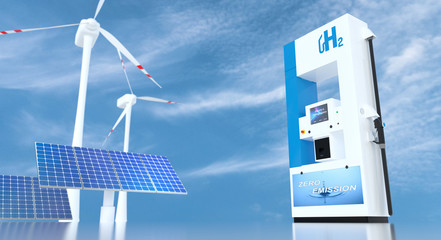 hydrogen logo on gas stations fuel dispenser. h2 combustion Truck engine for emission free...