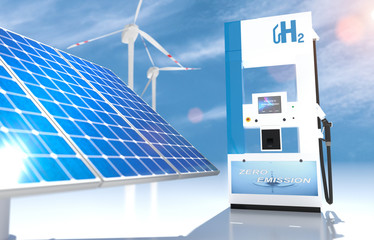 hydrogen logo on gas stations fuel dispenser. h2 combustion Truck engine for emission free...