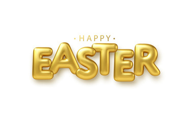 Golden metallic shiny typography Happy Easter. 3D realistic lettering for the design of flyers, brochures, leaflets, posters and cards