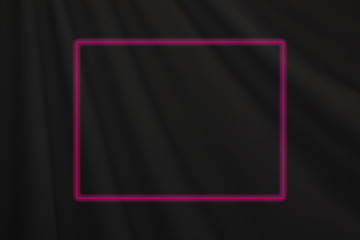 Fototapeta premium Bright magenta neon frame on abstract black background with soft waves. Defocused fabric drapery.