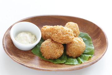 Japanese food, scallop and bread crumbs deep friend on white background