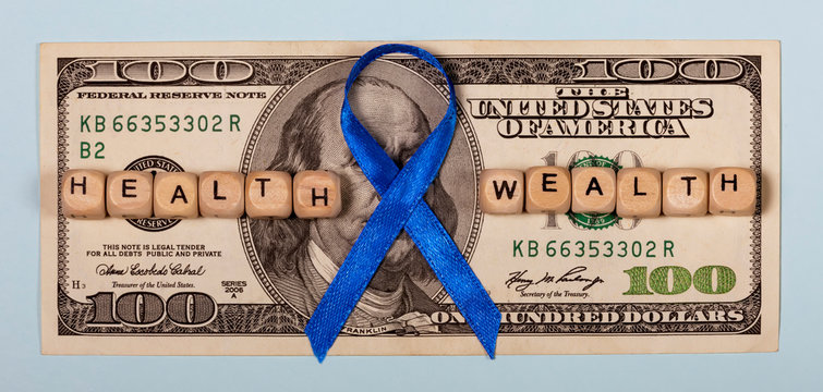 Symbol of health, blue ribbon on a banknote