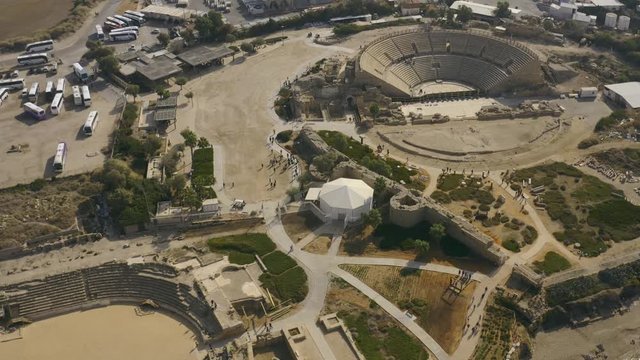 Caesarea ancient roman period ruins in Israel, 4k aerial drone view