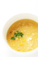Chinese food, corn and mince chicken soup with egg